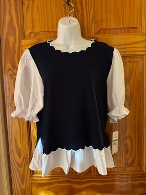 Nanette Lepore Black Knit Top with White Puff Sleeves
